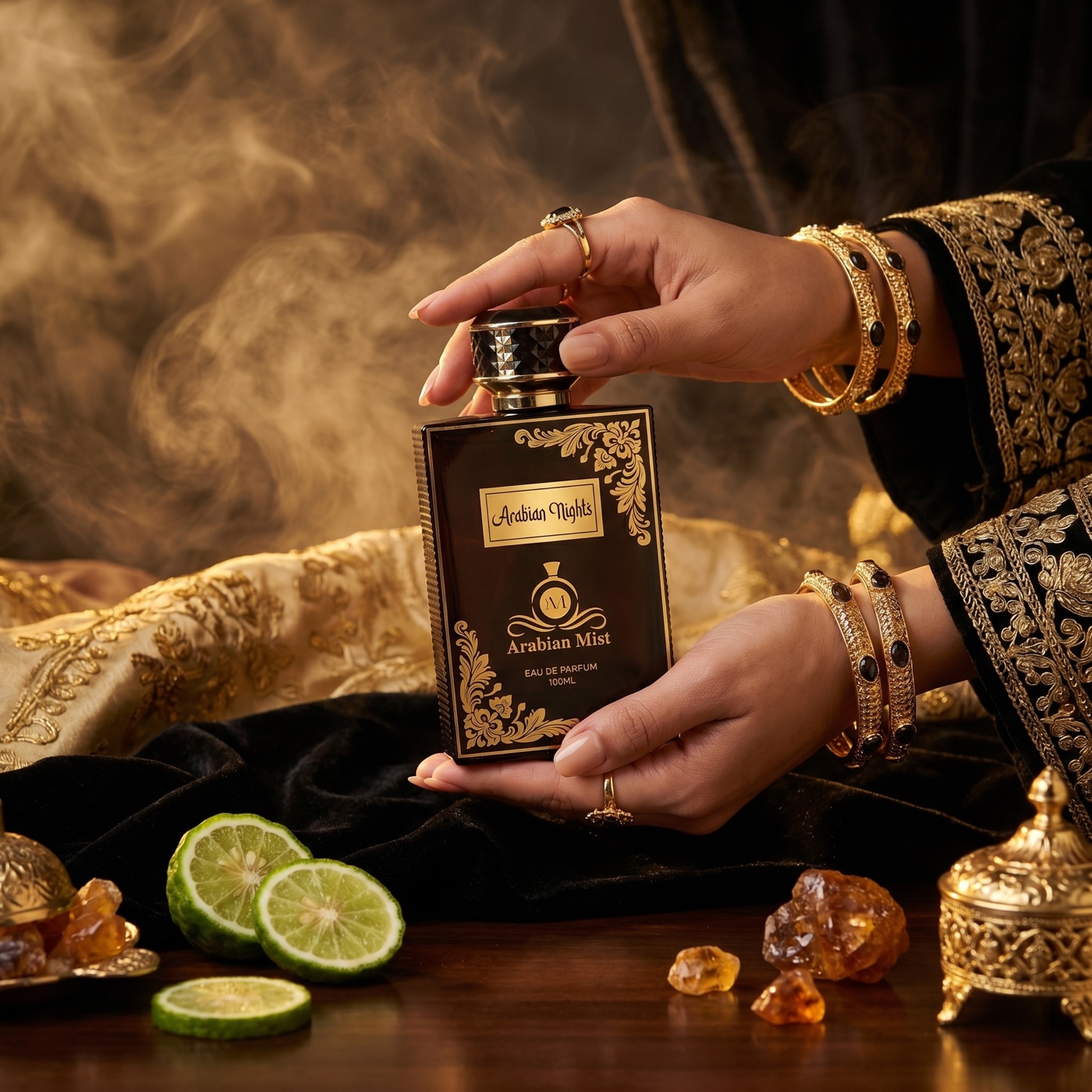 Arabian Nights fragrance by Arabian Mist — held by hands draped in gold UAE fabric